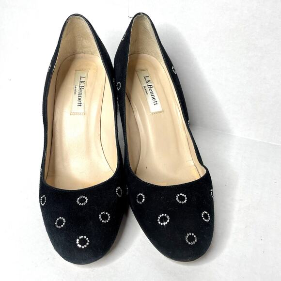 Black Suede Block Heel Pumps Size 6.5 | Retro Mod Polka Dot Party Shoes Sparkly - Picture 3 of 11